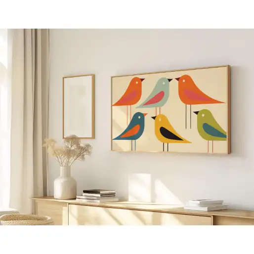 Quadro Decorativo N°43 - Panorâmico Pássaros Retrô Mid- Galix